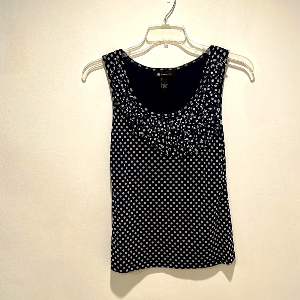 INC International Concepts Navy and White Sleeveless Polka Dot Blouse